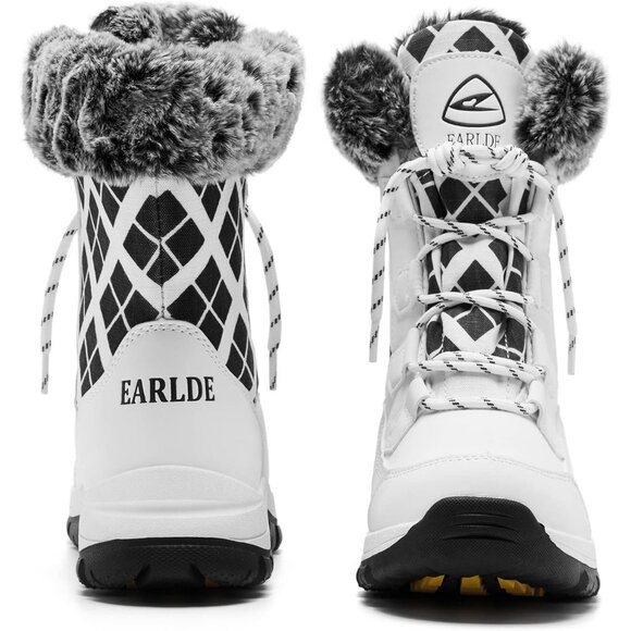 Women’s Ivory White Plaid Waterproof Snow Boots Mid-Calf Faux Fur Lined Non-Slip - Picture 4 of 9